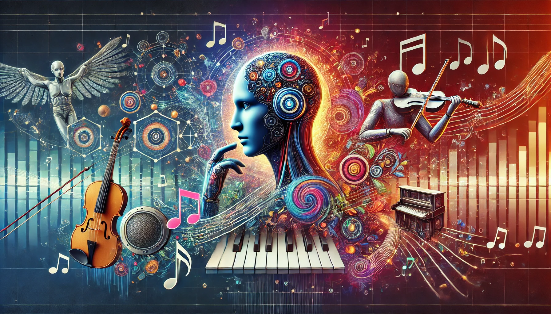 Banner horizontal que representa la interacción entre la inteligencia artificial y la creación musical. En el centro, un humanoide con rasgos tecnológicos está rodeado de notas musicales flotantes